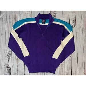VTG Herman’s Ladies Small Ski Sweater Bold Colorful Purple Blue Multi Wool Blend